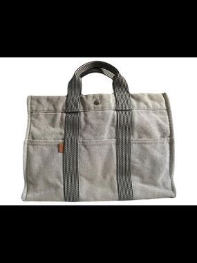 Hermes Gray Canvas Messenger Tote with Striped Handles